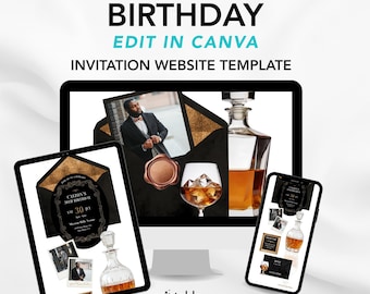 Cognac Birthday Website Template | Editable Canva RSVP Invitation | Luxury Men’s Birthday Party Digital Download | Canva Template