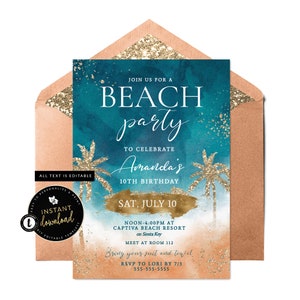 Beach Party Invitation, Beach Invite, Beachy Invitation, Printable Beach Invitation, Beach Birthday, Instant Digital Invitation, Templett