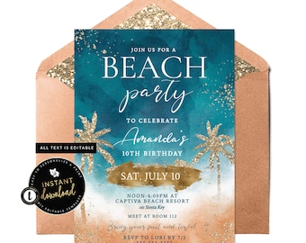 Beach Party Invitation, Beach Invite, Beachy Invitation, Printable Beach Invitation, Beach Birthday, Instant Digital Invitation, Templett