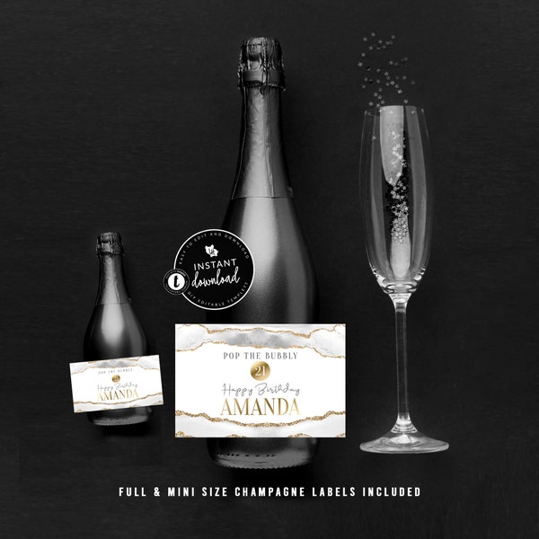 White and Gold Agate Champagne Label, Champagne Label, Full Size Champagne Label, Mini Champagne Label, Golden, Instant Digital Templett