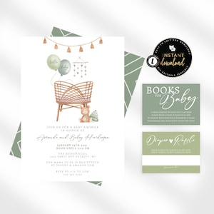 Sage Boho Nursery Baby Shower Invitation, Sage Green Baby Shower, Boho Baby Shower Invitation, Green Boho, Editable Baby Shower Invitation