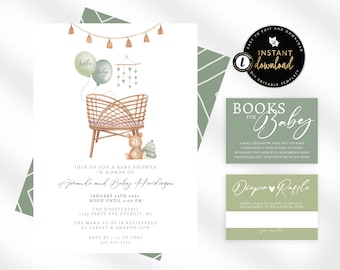 Sage Boho Nursery Baby Shower Invitation, Sage Green Baby Shower, Boho Baby Shower Invitation, Green Boho, Editable Baby Shower Invitation