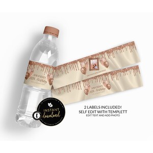 Dripping Rose Gold Photo Water Bottle Labels, Rose Gold Water Label, Rose Gold Party, Printable Water Labels, Instant download Templett