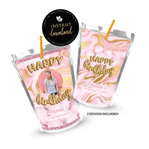 Pink and Gold Marble Juice Pouch Labels, Birthday Juice Label, Marble Juice Labels, Printable Juice Pouch Labels, Instant download Templett