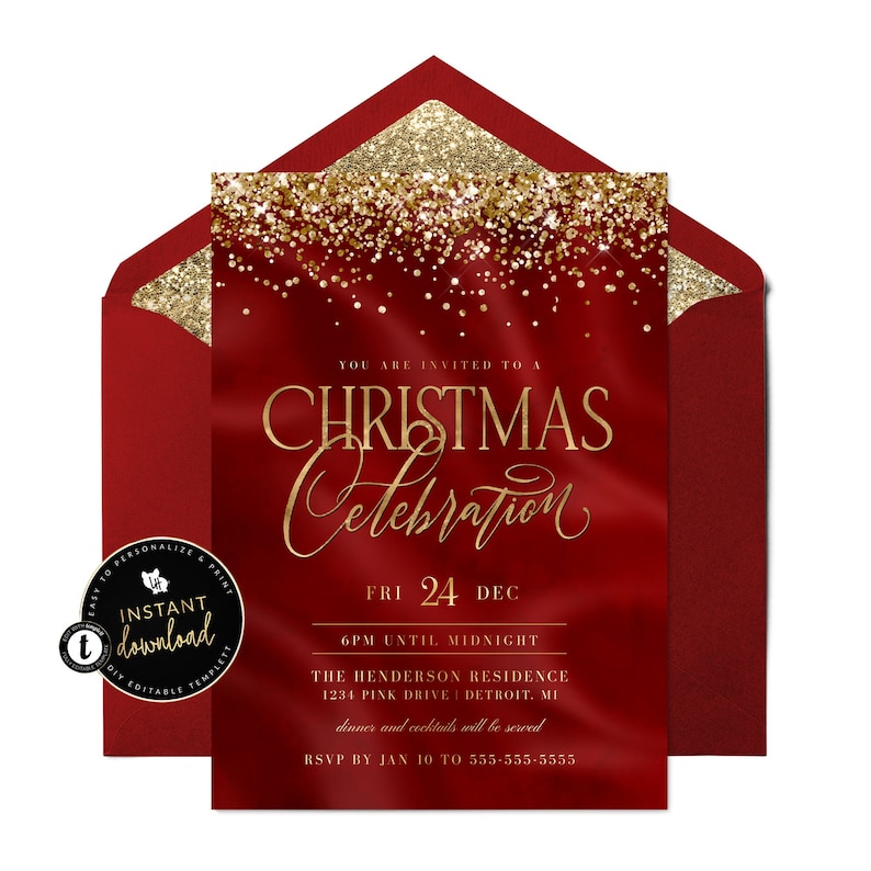 Elegant Red and Gold Christmas Party Invitation, Red Christmas Party Invite, Elegant Christmas Invitation, Xmas Digital Printable Templett image 1