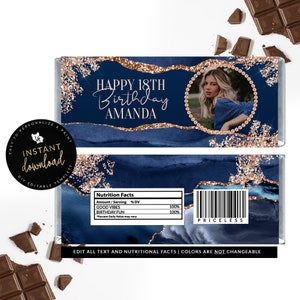 Navy and Rose Gold Candy Bar Label, Blue and Rose Gold Agate Candy Bar, Marble Birthday, Blue and Rose Gold, Instant Download Templett