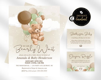 Teddy Bear Baby Shower, Sage and Brown Bear Baby Shower, We can Bearly Wait Invitation Suite, Instant Download, Editable Baby Shower Suite