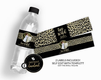 Two Wild Water Label, Leopard Print Water Bottle Label, 2nd Birthday, Animal Print Snack Bag, Animal Print Party, Instant Digital Templett