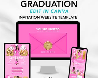 Graduation Website Invitation Template Digital Canva Rsvp Editable Pink Gold Elegant Design Modern Celebration Virtual Announcement Party
