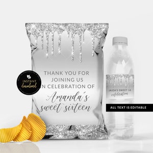 Silver Drip Chip Bag, Silver Drip Water Label, Silver Water Label and Chip Bag Bundle, Silver Party Printables, Editable Download, Templett