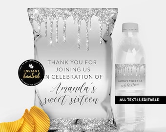 Silver Drip Chip Bag, Silver Drip Water Label, Silver Water Label and Chip Bag Bundle, Silver Party Printables, Editable Download, Templett