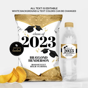 Graduation Chip Bag, Graduation Water Label, Gold Graduation Printable, Grad Chip Bag, Editable Download Digital Templett