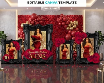 Custom Birthday Decor | Red Rose Floral Birthday | Luxury Black Frame Photo Backdrop | Large Format Sign Canva Template (digital download)