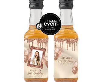 Rose Gold Drip Mini Liquor Bottle Label – Editable Party Favor Sticker (Digital Download)