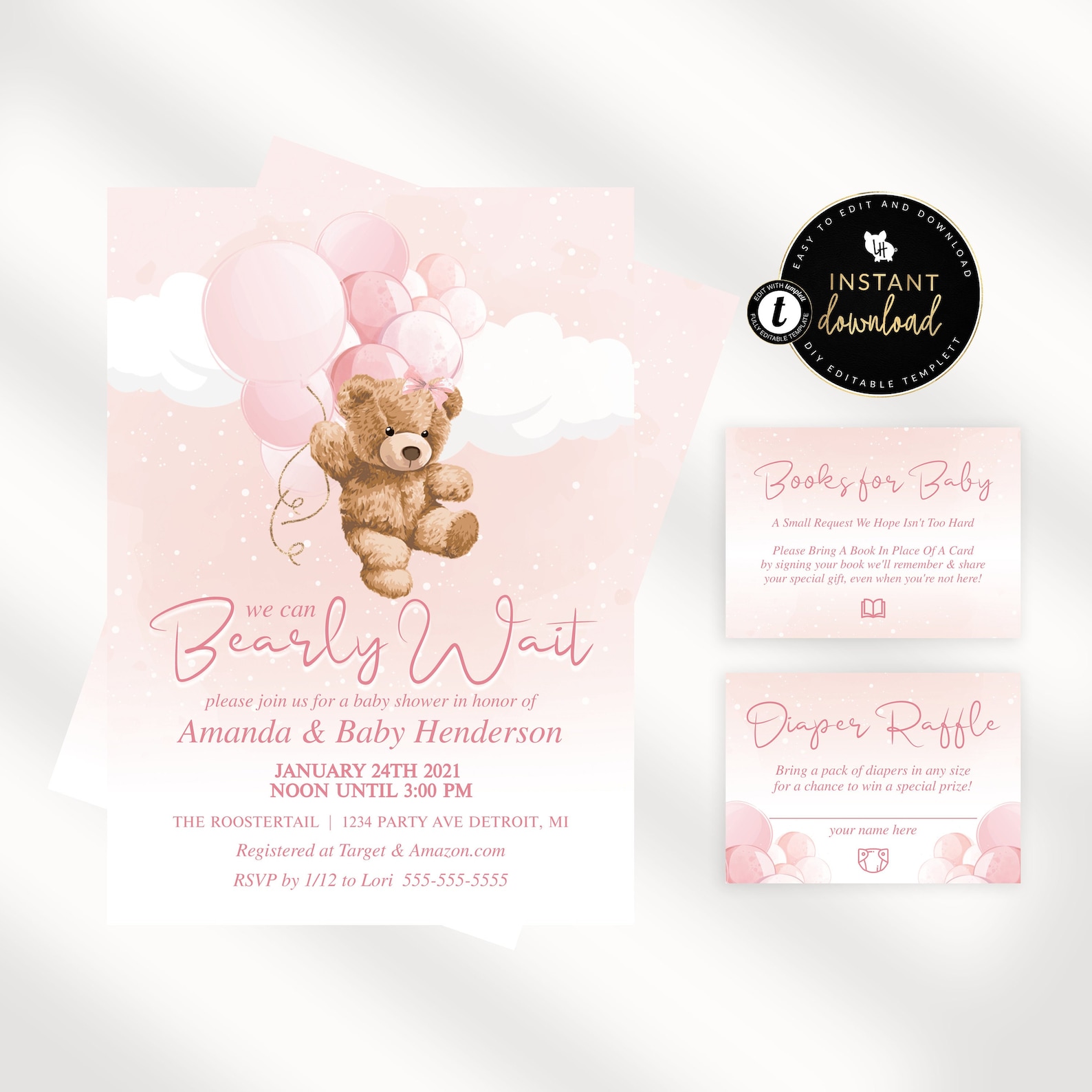 Pink Teddy Bear Baby Shower Invitation Suite, We Can Bearly Wait ...
