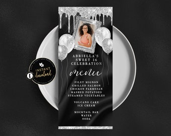 Black and Silver Menu Card with Photo, Glitter Drip Menu, Silver Birthday, Silver Menu, Birthday Menu Card, Instant Download, Menu Templett