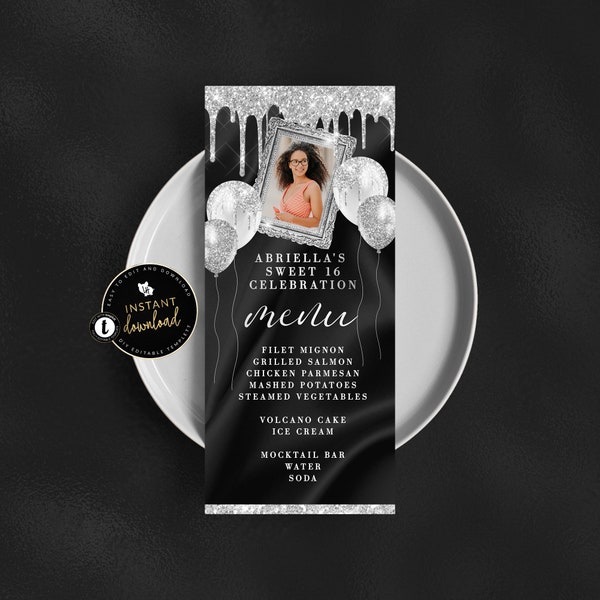 Black and Silver Menu Card with Photo, Glitter Drip Menu, Silver Birthday, Silver Menu, Birthday Menu Card, Instant Download, Menu Templett