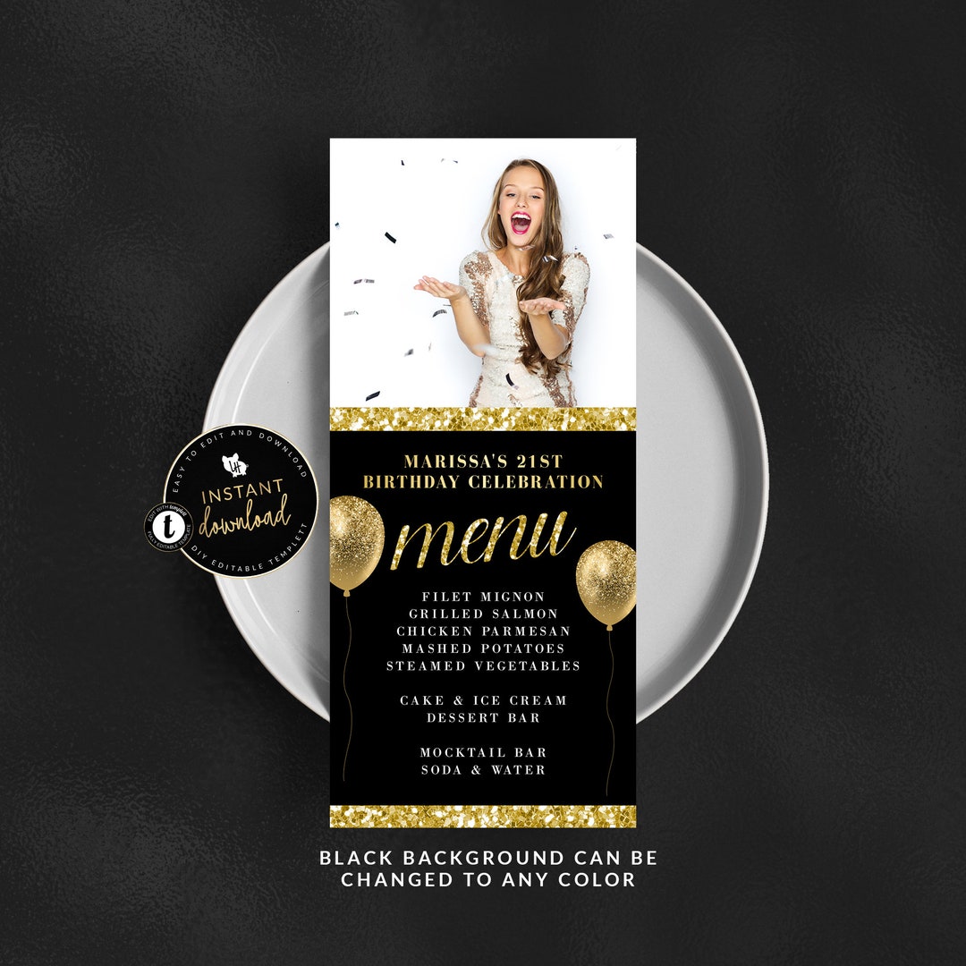 Gold Photo Menu Card, Printable Gold Menu, Gold Rack Card, Gold Place ...