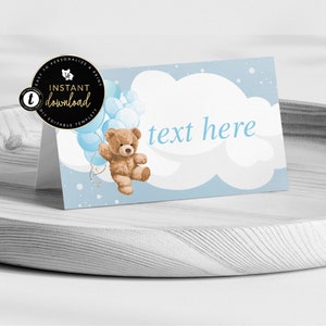 Blauwe ballonnen teddybeer plaatskaarten, babyshower plaatskaarten, teddybeer tentkaart, bewerkbare Templett, plaatskaart instant download