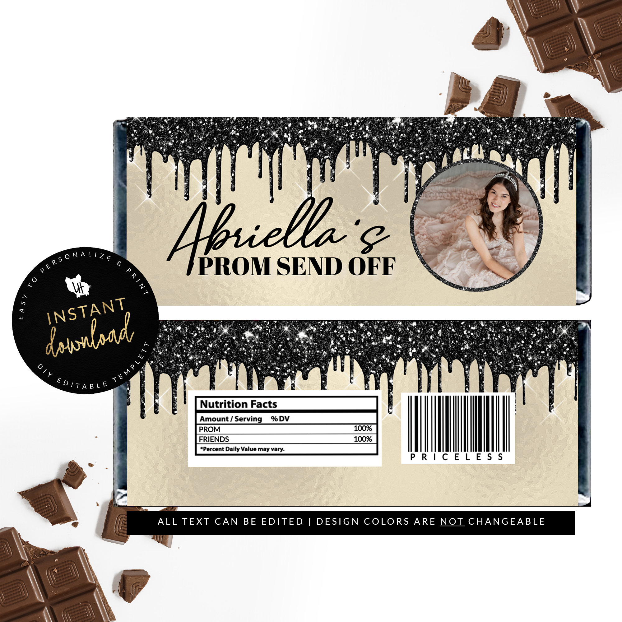Cream and Black Dripping Candy Bar Label, Candy Bar Label, Printable