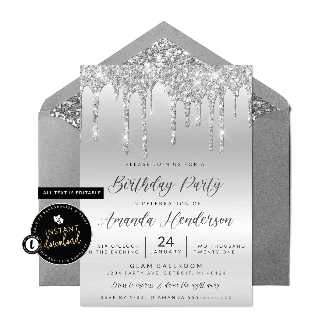 Silver Rattle Invitation Dripping Silver Invitation, Glitter Slime Invitation, Glitter Drip ...