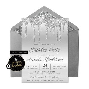 Dripping Silver Invitation, Glitter Slime Invitation, Glitter Drip Invitation, Silver Birthday, Silver Invitation, Instant Digital Templett