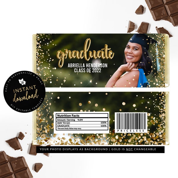 Graduate Candy Bar Label, Graduation Candy Bar, Gold Graduation Candy Wrapper, Graduation Candy Party Favor, Editable Digital Templett