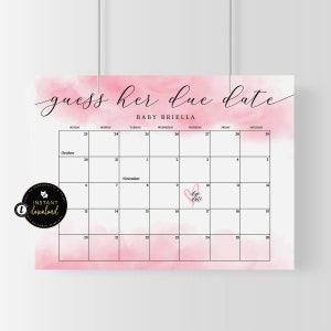 Rosa Aquarell Fälligkeitsdatumskalender, Mädchen Fälligkeitsdatumskalender, Errate das Fälligkeitsdatum, Babypartykalender, Sofort, Selbst bearbeiten Digitales Templett