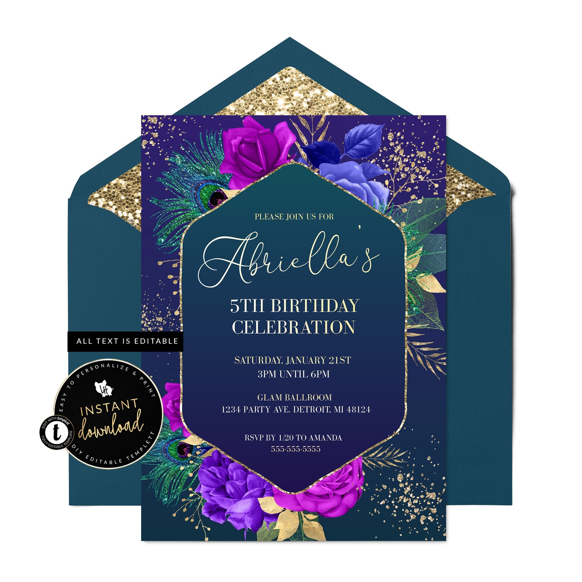 Peacock Invitation Mardi Gras Invitation Floral and Feather Invitation Peacock Party Mardi Gras Birthday Peacock Digital