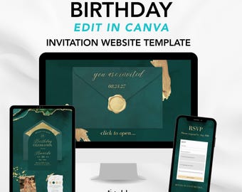 Emerald Green and Gold Birthday Website Template with RSVP | Emerald Green Agate Birthday | Editable Canva Template (Digital Download)