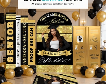 Gold Graduation Backdrop Bundle, Editable Canva Party Decor (Digital Download)