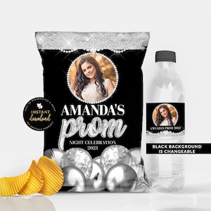 May include: A black and silver chip bag with a photo of a person and the text "Amanda's prom Night Celebration 2023". A clear water bottle with a black and silver label with a photo of a person and the text "Amanda's prom 2023".