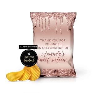 Dripping Rose Gold Chip Bag, Rose Gold Printable Chip Bag, Rose Gold Birthday Favors, Rose Gold Event Favors, Rose Gold Digital Templett