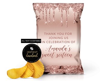 Dripping Rose Gold Chip Bag, Rose Gold Printable Chip Bag, Rose Gold Birthday Favors, Rose Gold Event Favors, Rose Gold Digital Templett