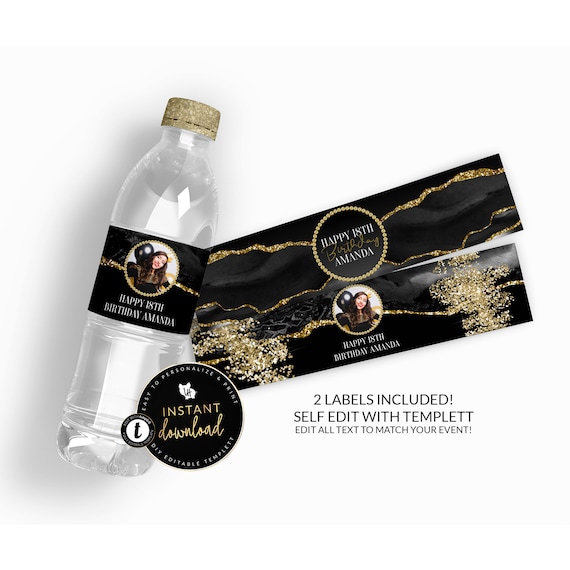 Black and Gold Water Bottle Labels, Black and Gold Agate Water Labels , Black and Gold Birthday, Water Label Self Edit Digital Templett