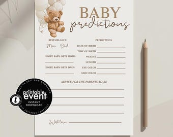 Teddy Bear Baby Predictions and Advice Game, We Can Bearly Wait Baby Shower Activity, Neutral Boho Bear Stationery, Instant Download 5x7