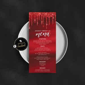 Dripping Red Menu Card, Red Glitter Drip Menu, Red Birthday, Red Glitter 4x9 Menu, Glitter Slime Drip Menu, Instant Download Templett
