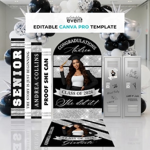 Puede incluir: Un telón de fondo para una fiesta de graduación en negro y plata. Incluye una foto de una graduada, el texto «Felicitaciones Andrea» y «Clase de 2026». También hay taquillas decorativas y accesorios de libros.
