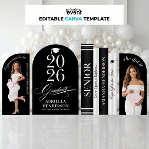 May include: A graduation party decoration set featuring black and white arch-shaped signs and book-shaped props. The signs display the graduate's name, year, and phrases like "Senior" and "She did it." The background includes white balloons.