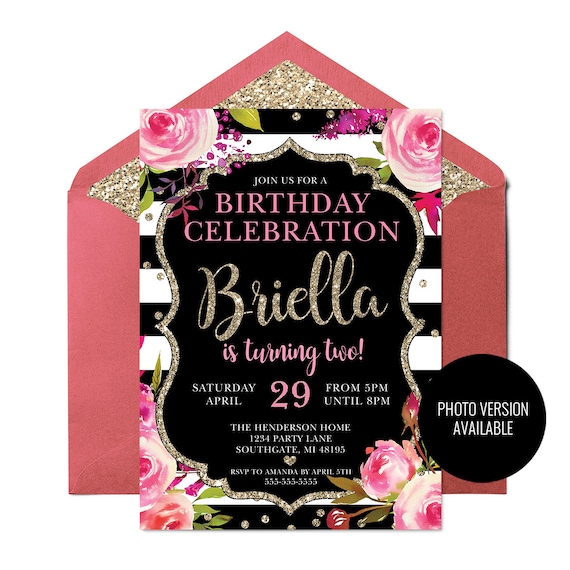 black and white stripes floral invitation floral gold black etsy