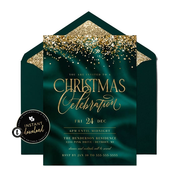 Elegant Emerald Green Christmas Party Invitation, Elegant Christmas Party Invite, Christmas Party Invitation, Digital Printable Templett