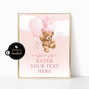 Pink Teddy Bear Sign, Baby Shower Teddy Bear Sign, Teddy Bear Sign, Baby Shower Sign, Bear Baby Shower Sign, Editable Instant Templett
