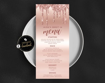 Dripping Rose Gold Menu Card, Glitter Drip Menu, Rose Gold Birthday, Rose Gold 4x9 Menu, Glitter Slime Drip Menu, Instant Download Templett