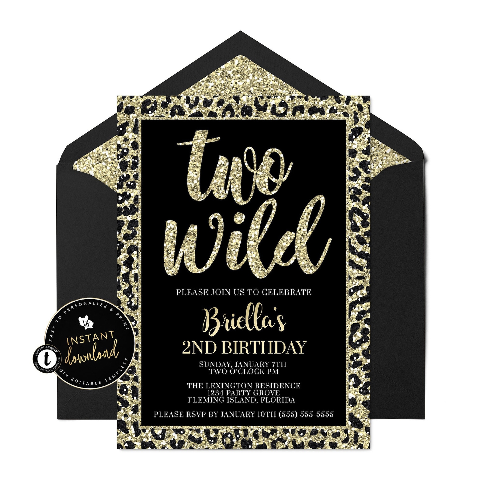 Two Wild Birthday Invitation, Cheetah Print Birthday Invitation, Faux