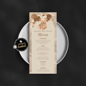 Menu ours en peluche herbe de la pampa, menu baby shower ours en peluche, nous pouvons attendre bien, menu nourriture baby shower, bébé bohème, menu modifiable, templett