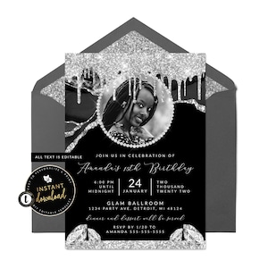 Black and Silver Invitation, Black and Diamond Agate Invitation, Black and Silver Birthday Invite, Instant Download, Self Edit Templett