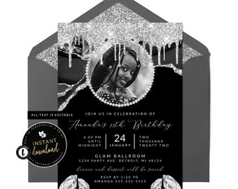 Black and Silver Invitation, Black and Diamond Agate Invitation, Black and Silver Birthday Invite, Instant Download, Self Edit Templett