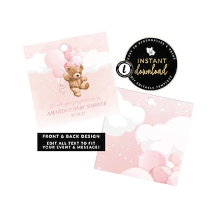 Pink Teddy Bear Favor Tags, Baby Shower Favor Tags, Birthday Favor Tag, Teddy Bear Tag Design, Instant Download, Editable Digital Templett