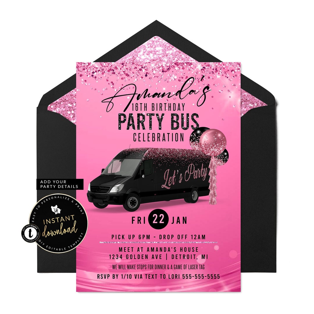 Party Bus Invitation, Party Bus Birthday Invitation, Girl Party Bus
