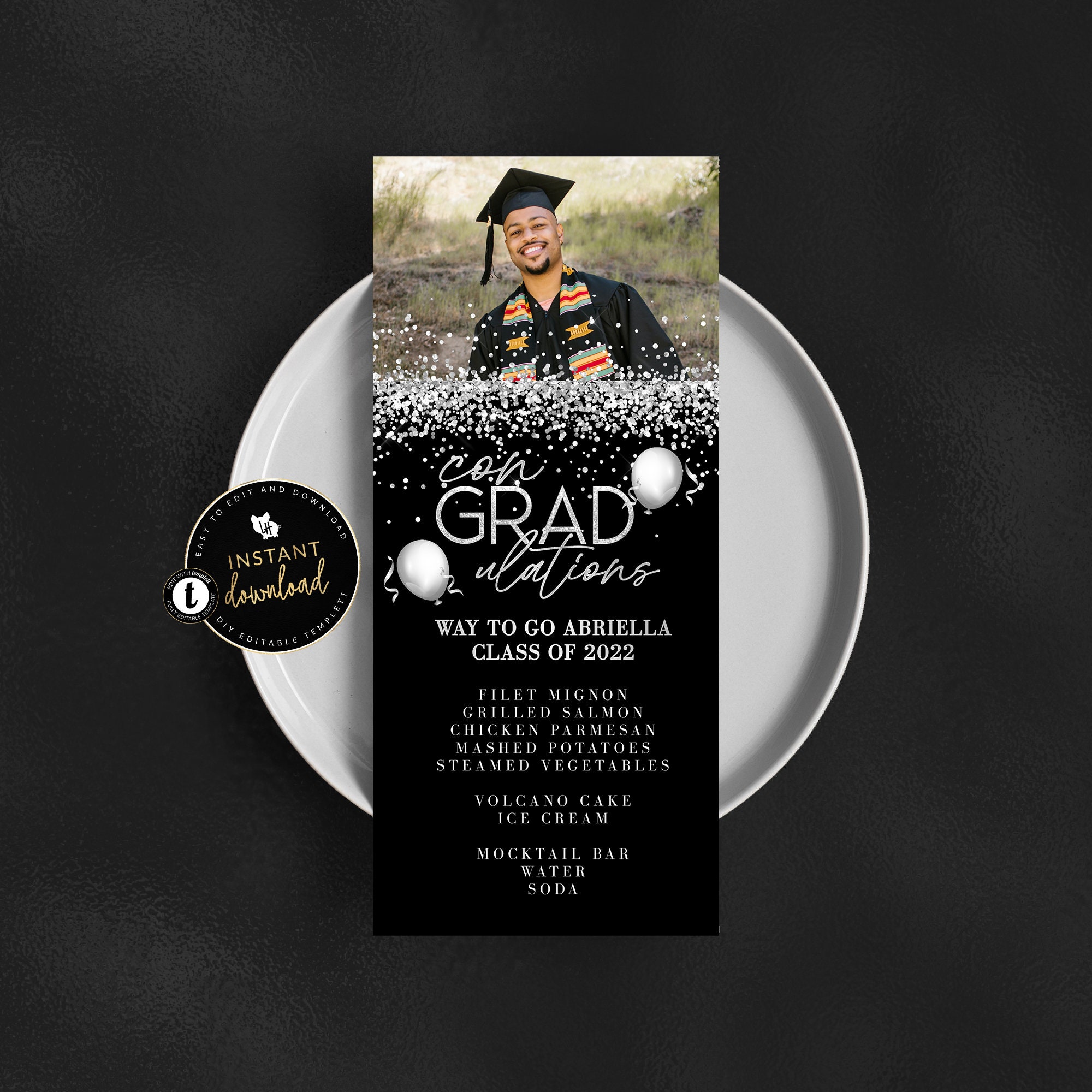Graduation Puple Menu Card Silver Graduation Menu Card, Photo Graduation Menu, Graduation Place ...